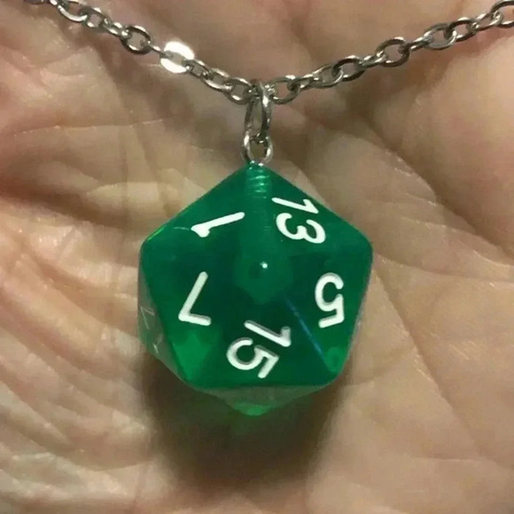 Mama Bling Jewelry - Green 20 Sided Die D&D Dungeons and Dragons Stainless Steel Necklace